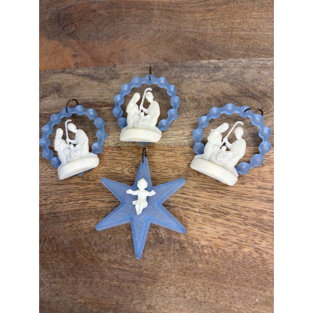 4 Vintage Blue Bleaded ring Bible nativity scene mini ornaments Christmas Italy